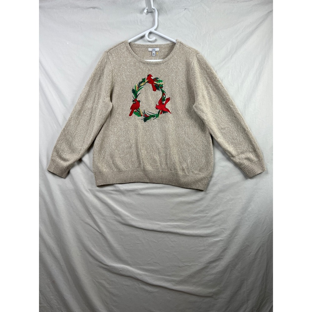 Croft & Barrow Sweater Womens XXL Oatmeal Cardinal Wreath Christmas Holiday Bird
